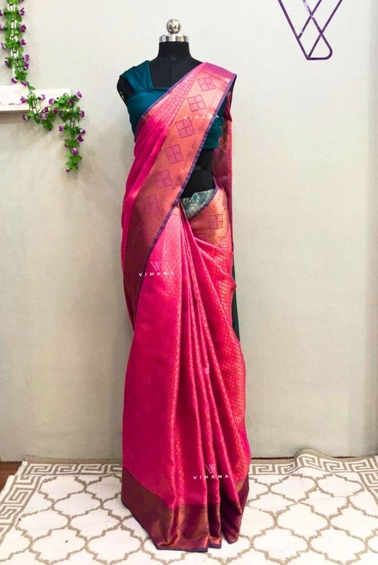 Elegant Pink Banarasi Silk Saree with Exquisite Golden Zari Work and Designer Border with contrast colored Pallu and Unstitched running blouse