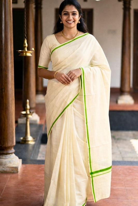 Parrot Green Puliyilakara Cotton Set Saree