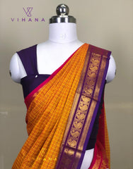 Pure Chettinad Cotton Check Zari Border Orange Color