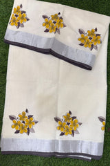 Elegant Kerala Cotton Tissue Set Saree with Vibrant Yellow Floral Prints