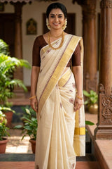 Golden Tissue Set Saree with Maroon Floral Motifs