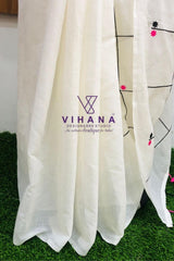 White 120 count Pure Mulcotton Saree