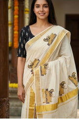 Kerala Traditional Kasavu Set Mundu with Classic Lord Mahavishnu Prints