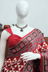 Deep Red Ajrakh Printed Premium Modal Silk Saree