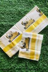 Kerala Traditional Kasavu Set Mundu with Classic Lord Mahavishnu Prints