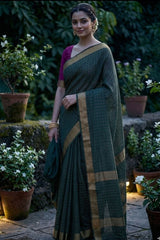 Bottle Green Kota Mini Check Mangalagiri Silk