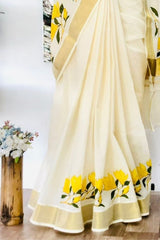 Elegant Kerala Kasavu Saree with Hand-Painted Yellow Florals