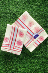 Kerala Cotton Set Mundu with Red Floral Prints