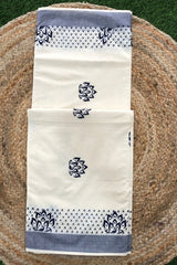 Elegant Kerala Cotton Set Saree with Intricate Dark Blue and Gray Border Designs