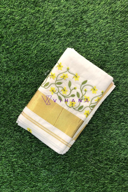 Traditional Kerala Cotton Set Saree- Kanikonna Floral Embroidery