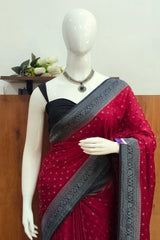 Bright Maroon Crimson Viscose Georgette Blend Saree with Contrast Black Border