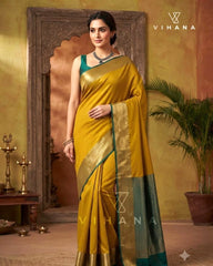 Art Soft Silk Saree – Mustard & Peacock Green Color