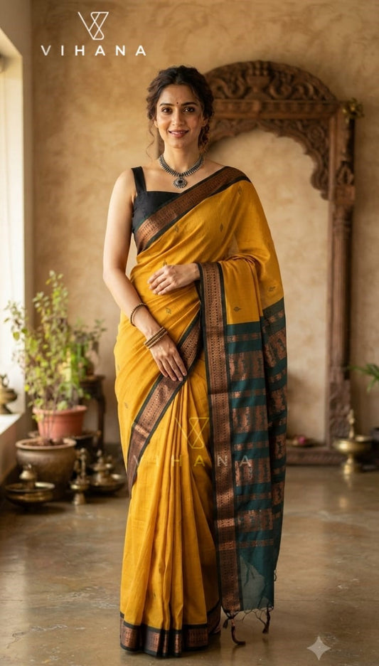 Kanchi Cotton Saree Yellow with Green Color