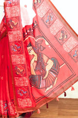 Red and Light Pink Hue Linen Cotton Saree with Traditional Prints