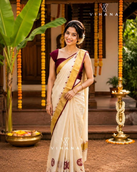 Cotton Set Saree Kasavu Border Red / Maroon Color