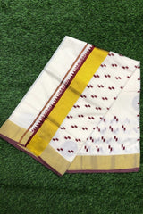 Kerala Cotton Set Saree with Maroon Floral and Geometric Prints