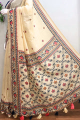 Beautiful Beige Linen Saree with Traditional Prints