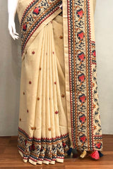 Beautiful Beige Linen Saree with Traditional Prints