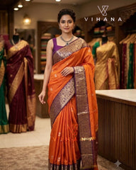 Orange Banarasi Khatan Semi Silk Saree-VS204