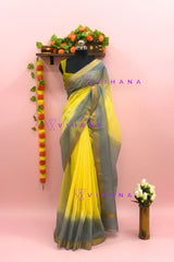 Elegant Dual Tone of Grey and Yellow Kota Doriya Organza Silk Saree