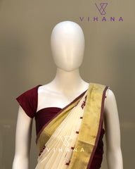Cotton Set Saree Kasavu Border Red / Maroon Color