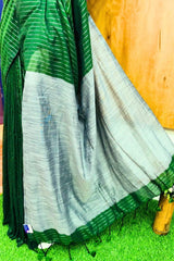 Green Silver Zari Striped Khadi Cotton Saree