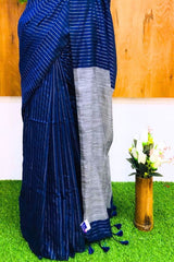 Royal Blue Silver zari Striped Khadi Cotton Saree
