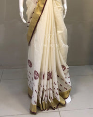 Cotton Set Saree Kasavu Border Red / Maroon Color