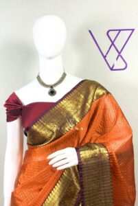 Rust Orange Banarasi Katan Silk Check Design Saree with Burgundy Border