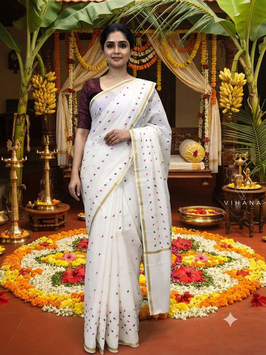 Kerala Set Saree with Jasmine Bud Design-VS353