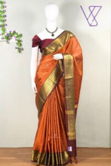 Rust Orange Banarasi Katan Silk Check Design Saree with Burgundy Border