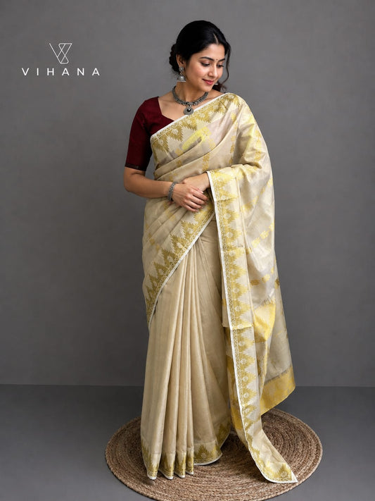 Kerala Premium Tissue Set Saree Jacquard Pecocok Print-VS364