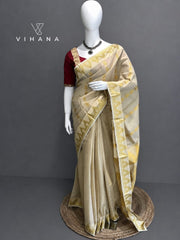 Kerala Premium Tissue Set Saree Jacquard Pecocok Print-VS364
