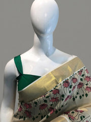 Kerala Tissue Saree With pink Lotus Motifs and Golden Kasavu Border-VS151