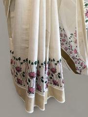 Kerala Tissue Saree With pink Lotus Motifs and Golden Kasavu Border-VS151