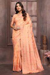 Peach cotton linen ethnic print woven design Kanjivaram Saree with Blouse Piece