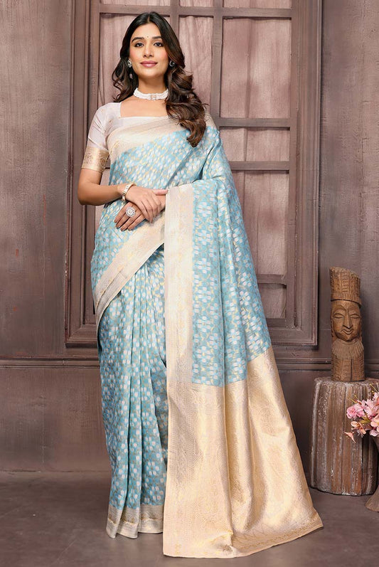 Light Blue Cotton ethnic motifs woven design woven Saree with Blouse piece-VS167