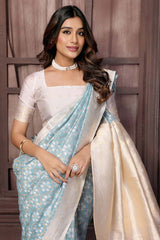 Light Blue Cotton ethnic motifs woven design woven Saree with Blouse piece