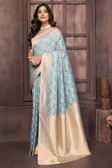 Light Blue Cotton ethnic motifs woven design woven Saree with Blouse piece