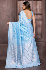 Light Blue Cotton Floral Woven Designed Saree with Blouse Piece