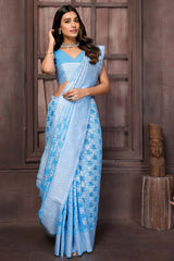 Light Blue Cotton Floral Woven Designed Saree with Blouse Piece
