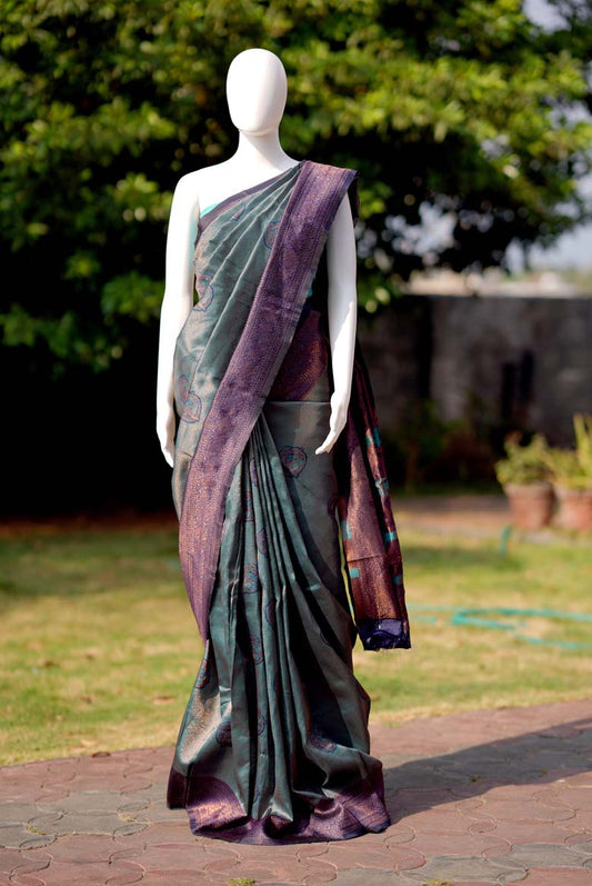 Green grandeur Kanjeevaram semi silk Saree with unstiched running blouse ( color – Green)-VS087