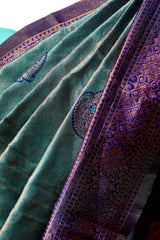 Green grandeur Kanjeevaram semi silk Saree with unstiched running blouse ( color – Green)