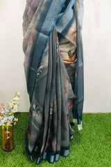 Linen-cotton blend saree with a 3D digital print, comes with an unstitched running blouse piece. (Color-Grey)