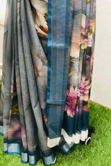 Linen-cotton blend saree with a 3D digital print, comes with an unstitched running blouse piece. (Color-Grey)