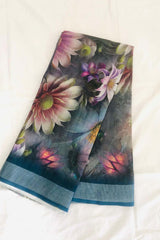 Linen-cotton blend saree with a 3D digital print, comes with an unstitched running blouse piece. (Color-Grey)