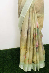 Linen-cotton blend saree with a 3D digital print, comes with an unstitched running blouse piece. (Color-Light Green)