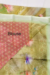Linen-cotton blend saree with a 3D digital print, comes with an unstitched running blouse piece. (Color-Light Green)