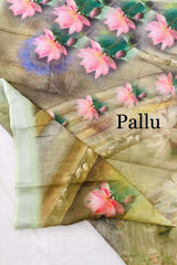 Linen-cotton blend saree with a 3D digital print, comes with an unstitched running blouse piece. (Color-Light Green)