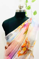 Linen-cotton blend saree with a 3D digital print, comes with an unstitched running blouse piece. (Color Orange)